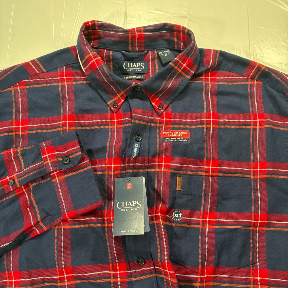 Chaps Shirt Mens 3XLT Blue Red Plaid Button Down Flannel Performance Stretch NWT